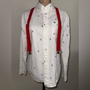 Abercrombie & Fitch White Button-Down Shirt w/ Micro Ski print w/ Red Suspenders